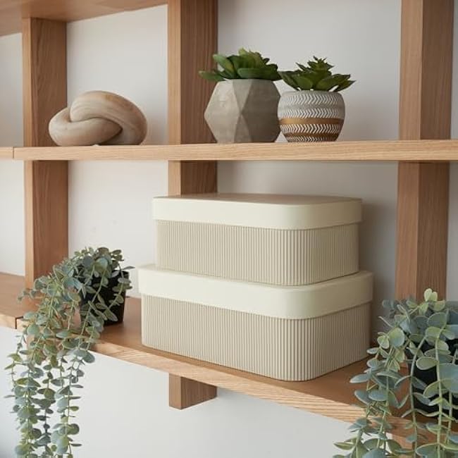 Decorative Storage Boxes with Lids ¨C Set of 2 Beautiful Fluted Cardboard Organizer Bins for Your Home Bookshelf Decor to Safely Store Your Documents, Memory Box Items and Other Keepsakes in Style