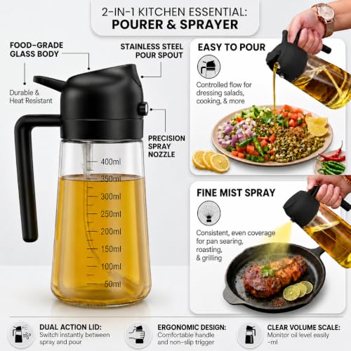 Image of Glass Oil Dispenser Bottle for Kitchen - 2 in 1 Pour & Spray Sprayer with Measuring Marking, Leakproof Container, 500ml /0.5 Liter Cooking Oil Storage Jar, Pack of 1