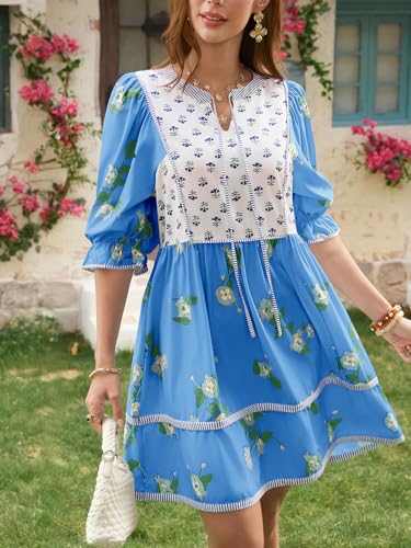 Image of Wenrine Womens Casual Floral Mini Dress Summer Patchwork Boho Shirt Dresses