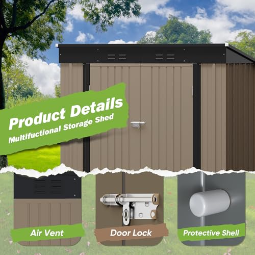 Greesum Outdoor Storage Shed All Weather 6FTx4FT Metal Garden Shed with Lockable Double Doors for Garden Tools, Toys and Sundries,Brown
