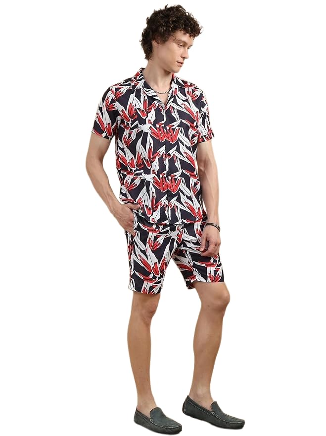 bushirt Men’s Casual Co-Ords Set Half-Sleeve Rayon Printed with Lapel Collar & Comfortable Shorts - Regular Western Style Night Suit Navy Blue-L-picture-27