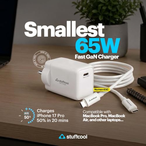 Image of Stuffcool Numen 65C, Smallest 65W GaN Charger with USB-C PD PPS, SFC 2.0 /3.0, AVS Compatible, 100W Type-C Cable Included, for MacBook Air, iPhone, Pixel & Samsung, Made in India