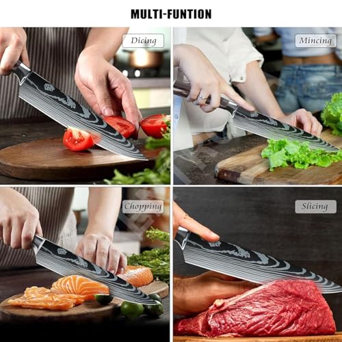 Image of Professional Chef Knife - 8 Inch Japanese Style Kitchen Knife with Hammered Stainless Steel Blade & Wood Handle-Ultra Sharp Multipurpose for Vegetables & More (Cover Knife)