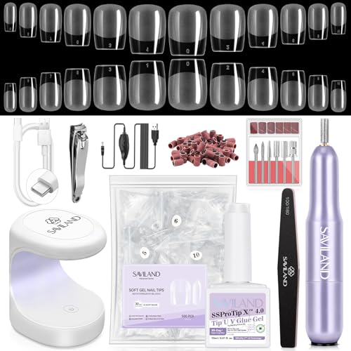 SAVILAND Gel Nail Kit: 500 Pcs Extra Short Square Nail Tips with Drill Kit 30-Day Strong Hold Gel Nail Tips X 12 Sizes Fake Nails with Glue &amp; Nail Lamp For Beginners DIY At Home Nail Kit Gift