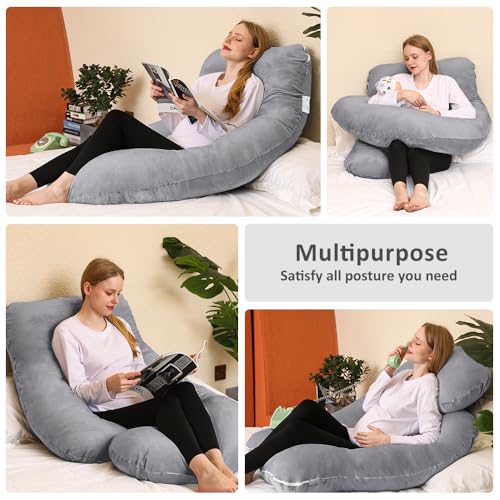 Image of Chilling Home Memory Foam Pregnancy Pillow, J Shape Pregnancy Pillows for Sleeping, Body Pillow for Adults, Maternity Pillow for Pregnant Women, with Velvet Removable Cover, Light Grey