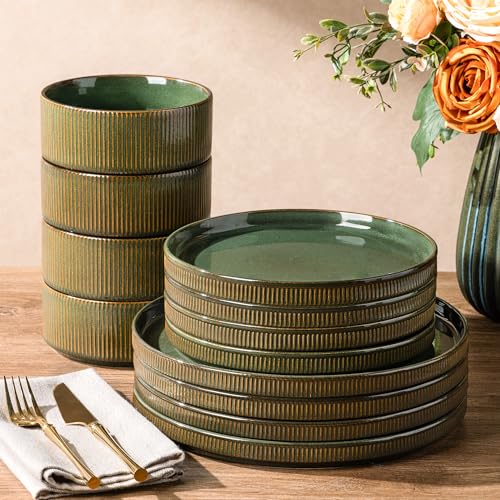 GBHOME Stoneware Dinnerware Sets for 4, 12 Pieces Lightweight Ceramic Ribbed Plates and Bowls Set, Reactive Glaze Stackable Plate Sets, Scratch Resistant Dishes, Microwave & Dishwasher Safe,Sage Green by GBhome - Image 2