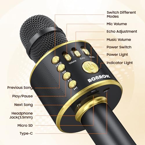 Image of BONAOK Wireless Bluetooth Karaoke Microphone,3-in-1 Portable Handheld Karaoke Mic Speaker Machine Home Party Birthday for All Smartphones PC(Q37 Black Gold)