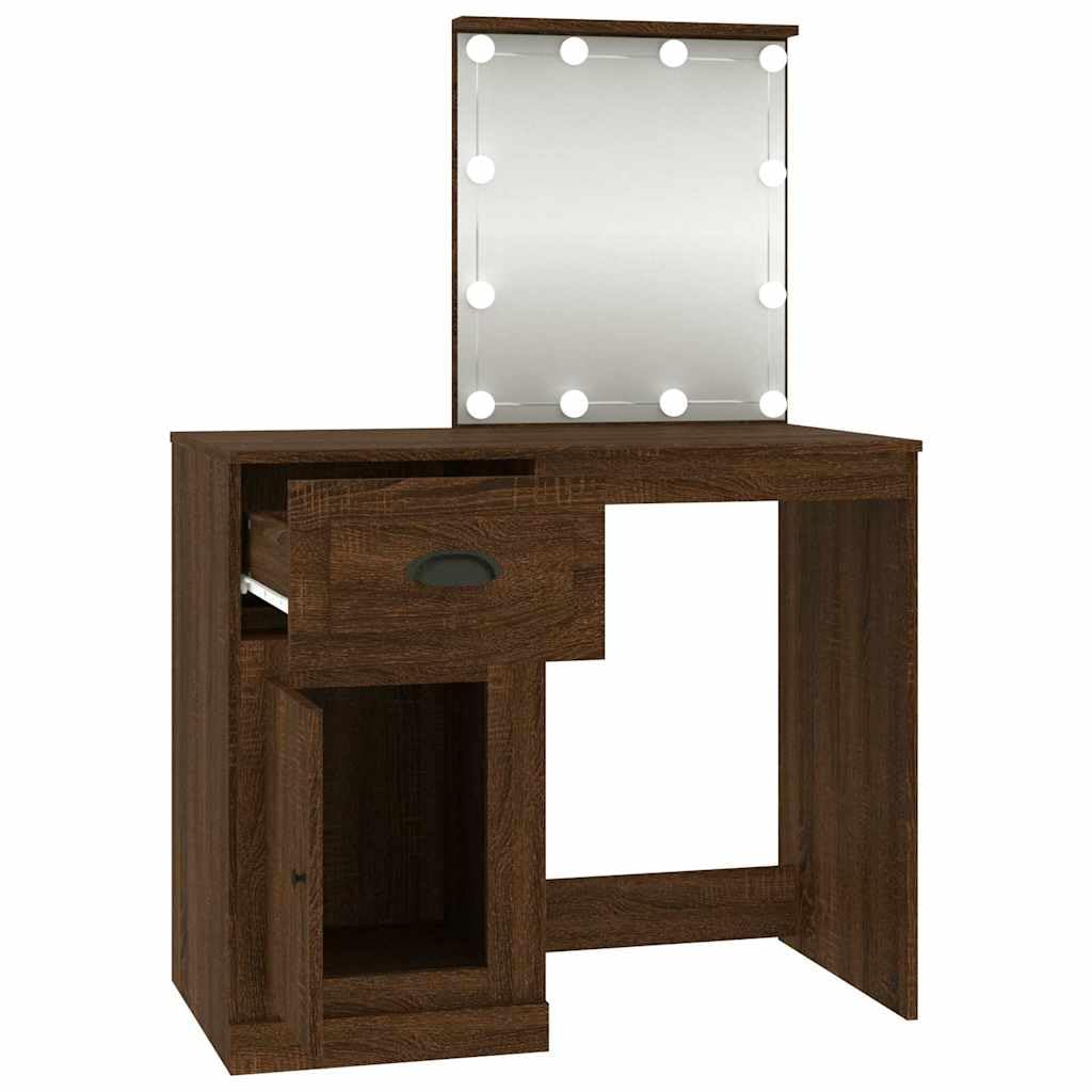 Tocador con LED marrón roble 90 x 50 x 132,5 cm con espejo, cajón y taburete, iluminación LED, espacio de almacenamiento y estante para dormitorio, vestidor, niña