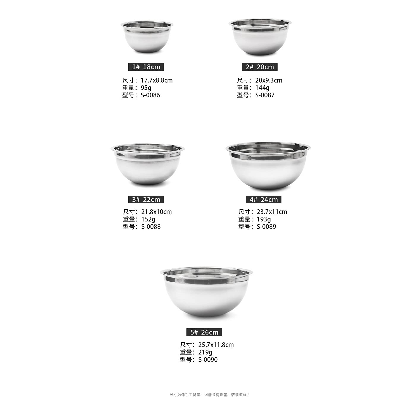 QUNINE Juego de Cuencos de Acero Inoxidable de 5 uds., Cuenco de Mezcla anidado de Capacidad, Cocina, ensaladera, contenedor de Almacenamiento de Alimentos
