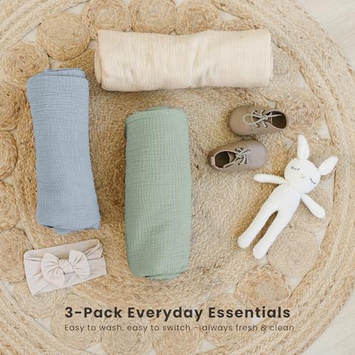 Image of Konssy 3 Pack Muslin Swaddle Blankets for Unisex, Newborn Receiving Blanket, Large 47 x 47 inches, Soft Breathable Muslin Baby Swaddles for Boys & Girls