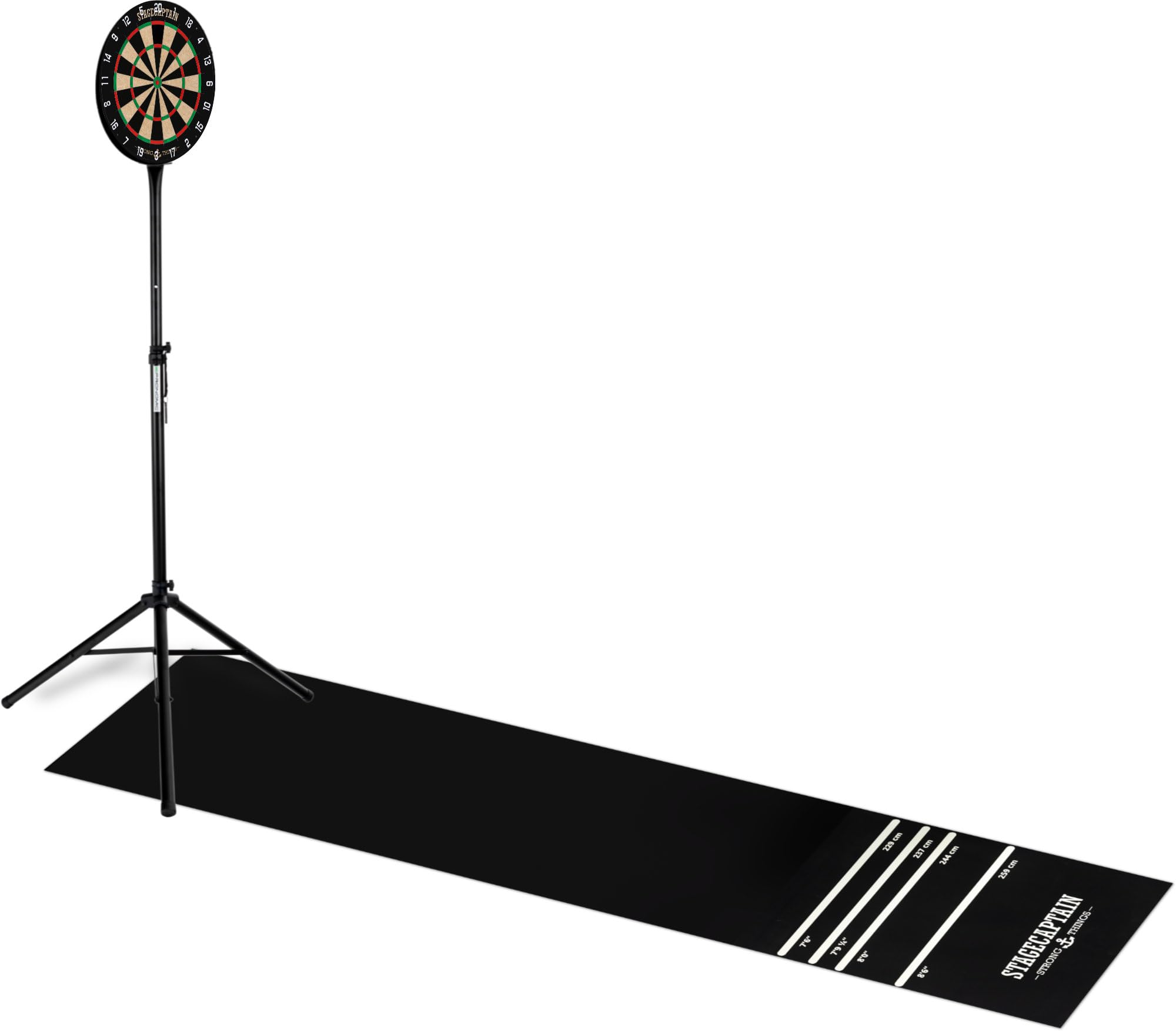 Stagecaptain DBS-1715C Bullseye Champion Dartscheibe Komplett Set - Profi Steeldartscheibe aus Sisal - Dartteppich aus Gummi - Höhenverstellbarer Ständer - 6 Dartpfeile und 4 Sets Flights - Schwarz