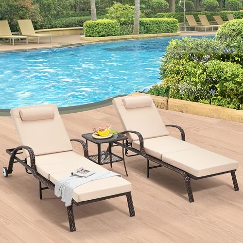 HOMREST Wicker Chaise Lounge Set of 2, Pool Lounge Chair with Side Table, Outdoor Reclining Lounger Chair with Wheels 5-Level Adjustable Backrest for Poolside Deck Lawn,Khaki