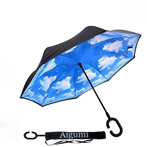 Umbrella, AIGUMI C-Shaped handle Golf Umbrella Car Reverse Umbrella Waterproof Reverse Folding Double Layer Inverted Self Standing Umbrella(Sky-Blue)