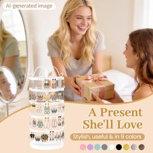 Image of MODOWEY Rotating Earring Holder Organizer Stand, 5 Tier Metal Tree Display for Women Vendors, 220 Holes Adjustable Jewelry rack for Stud Hoop Dangle Storage, Trendy Carousel Keeps Dresser Neat, White
