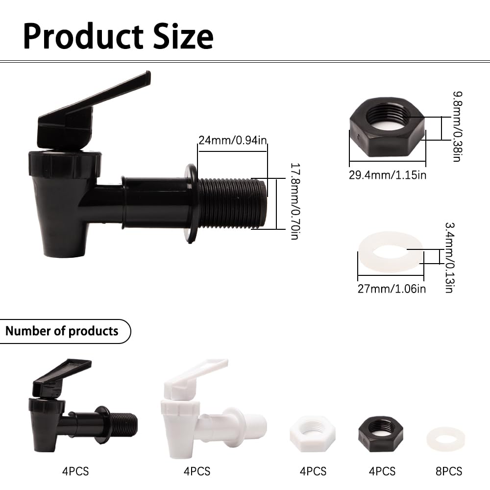 Robinet Distributeur de Boissons en Plastique 8 Pièces Robinet de Rechange pour Tonneau à Bière, Jus, Fontaine à Boire (Noir, Blanc)