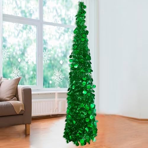 5ft/1.5M Collapsible Christmas Tinsel Tree Green Pop Up Artificial Xmas
