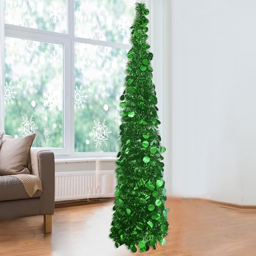 5ft/1.5M Collapsible Christmas Tinsel Tree Green Pop Up Artificial Xmas Tree with Easy Assembly Stand for Holiday Xmas Decorations, Home Display, Office Decor Indoor Outdoor