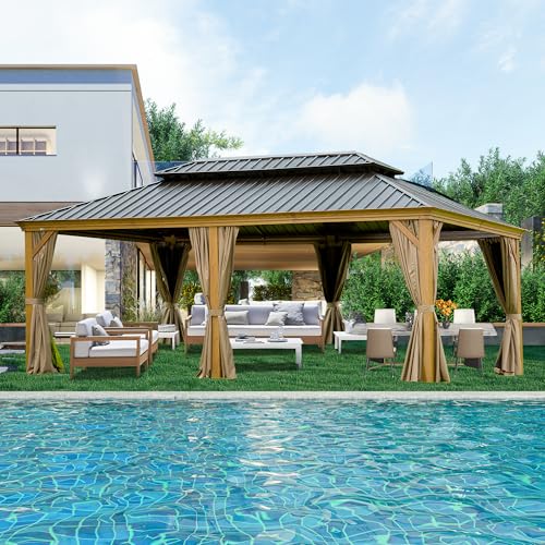 Domi 14x20FT Hardtop Gazebo with Netting & Curtains, Outdoor Aluminum Frame Gazebo with Galvanized Steel Double Roof, Outdoor Permanent Metal Pavilion for Patio Deck Lawn and Garden, Wood-Looking