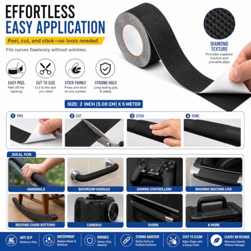 Image of Diamond Texture Rubber Grip Tape for Handles and Surfaces | Anti Skid Adhesive Tape for Heavy Grip on Indoor and Outdoor Stairs, Gadgets, DIY Tools Use-(2In x 16.4Ft), Black