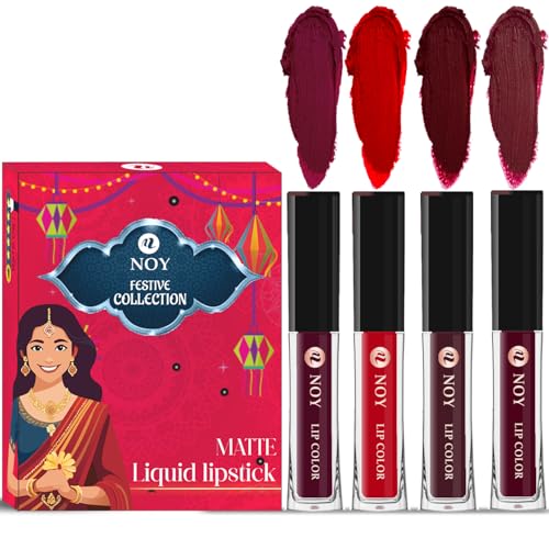 Image of Noy Liquid Matte Festival Pack 4 Vibrant Lipstick Colors Wine, Red, Coffee Wine, Maroon Shades