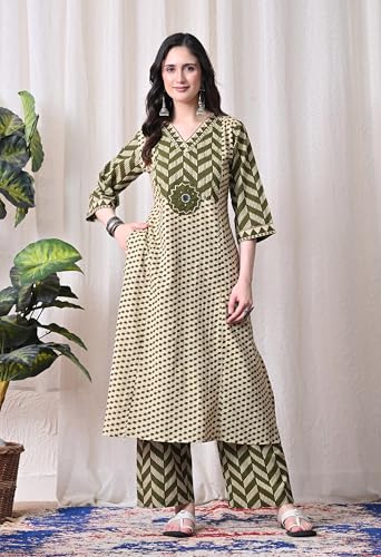 Image of MEERA FAB Women's Cotton Straight Kurta Set, Floral Print with Yoke, with Dupatta and Pants