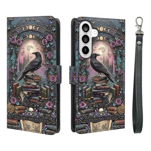 Étui cuir rabat crânes roses pour femme avec dragonne et porte-cartes