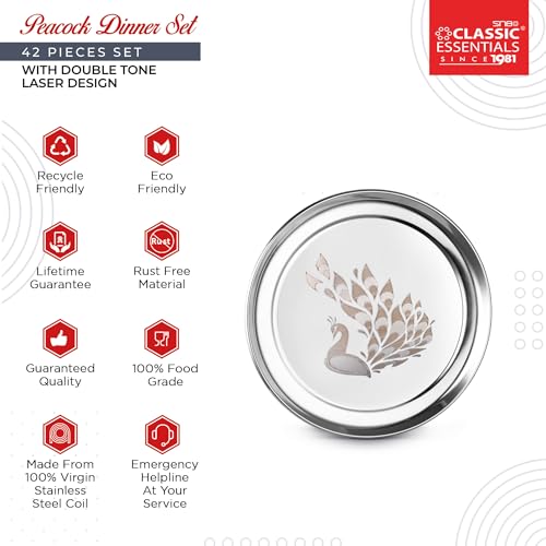 Image of Classic Essentials Stainless Steel 42-Piece Dinner Set for Home | Heavy Gauge Kitchen Tableware | Peacock Laser Design | Shagun /Bartan Set | Plates, Bowls & Cutlery