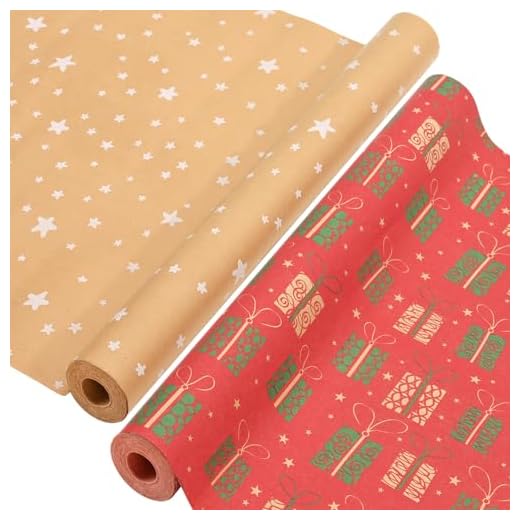 AhfuLife 2 Rollos Papel de Navideño, 43cm × 15m Papel de Regalo de Navideño, Papel de Embalaje de Caja de Regalo de Navideño, Papel Kraft Reciclable, Decoración de Fiesta de Cumpleaños de Navideño