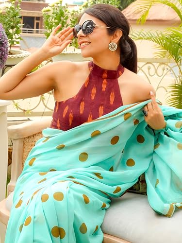 Image of Sidhidata Women's Polka Dot Printed Linen Cotton Saree With Unstitched Blouse Piece (Laddu Free Size)