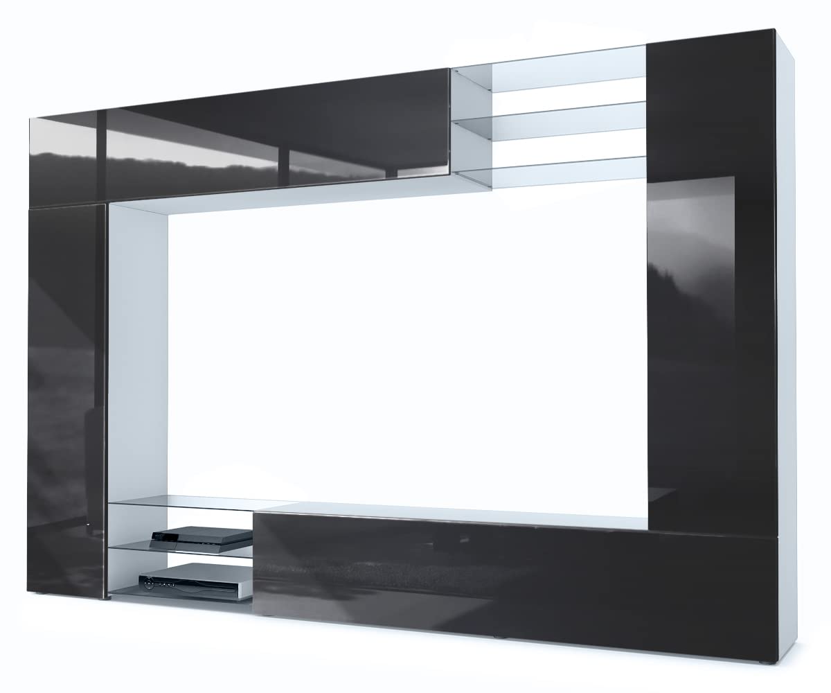 Vladon Wohnwand Mirage, Made in Germany, Anbauwand mit Rückwand mit 2 Türen, 2 Klappen und 6 offenen Glasablagen, Weiß matt/Schwarz Hochglanz (262 x 183 x 39 cm)