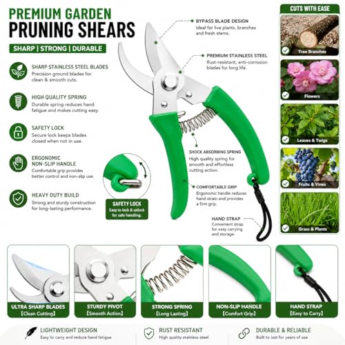 Image of Premium Garden Pruning Shears for Gardening Sharp Stainless Steel Blade Secateur Cutter with Safety Lock & Comfort Grip Heavy Duty Plant Cutter Tool for Branches, Flowers & Stems gardening tool