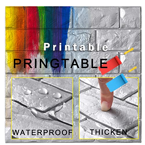 30 Pcs 3D Wall Panels Stick And Peel, Silver Brick Printable Faux Paneling Self Adhesive Waterproof 3D Wallpaper Stick And Peel For Bedroom, Bathroom, Kitchen, Fireplace (29.05 Sq Feet Coverage) #TOP2