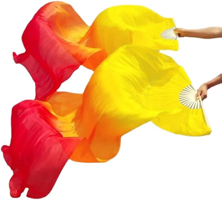 HEARTTOUCH 1 Pair(Left+Right) Women Real Silk Belly Dance Fan 1.2/1.5/1.8 Meter Bamboo Long Silk Fans Veils for Belly Dancing
