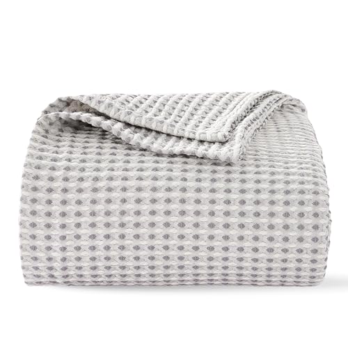 Lightweight Cotton Waffle Blanket Queen Size, Modern Two-Tone Check Pattern, Soft & Breathable for Bed, Couch, Sofa, All Seasons –Gray/White, 90'x90'