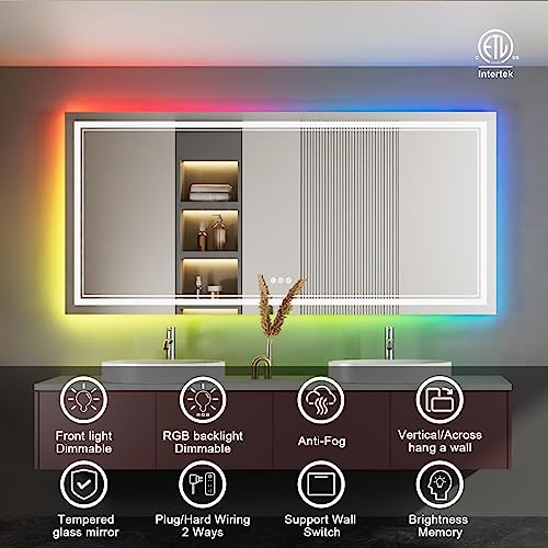 84x40 Inch RGB LED Bathroom Mirror with Lights, Color Changing RGB Backlit LED Mirror for Bathroom,Lighted Vanity Mirrors for Bathroom Wall, Dimmable, Anti-Fog (RGB Backlit+Front-Lit)
