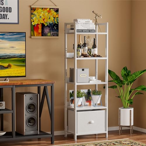image for Furologee 5 Tier Bookshelf with Drawer, Tall Narrow Bookcase with Shel