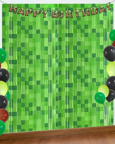 Image of Green Pixel Miner Foil Fringe Curtains - 2 Pack 3.3x6.6ft Metallic Video Game Birthday Photo Booth Backdrop, Door Streamers for Gamer Party Decorations & Room Wall Decor