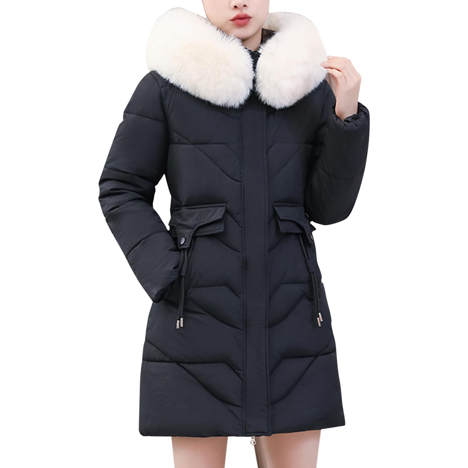 Runstarshow Women's Black Winter Coats For Uk Faux Fur Hood Jacket Padded Coats Warm Quilted Coat Parka Outerwear With Pockets Plus Size L-3Xl