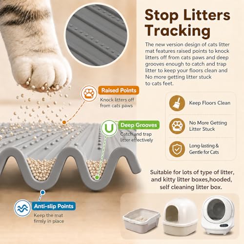 Image of Mofason Cat Litter Mat Litter Trapping Mat XXL Grey Silicone Litter Box Mat | Waterproof 38 inchx25 inch kitty litter mat for floor; extra large litter trapping, litter matt for cat litterbox easy clean pet mat