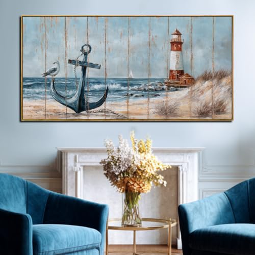 Image of Bird Wall Decor,Beach Wall Art For Living Room, Lighthouse Large Framed Canvas Coastal Pictures Arts for Walls,Blue Poster Prints for Home Office 29 inchx58 inch