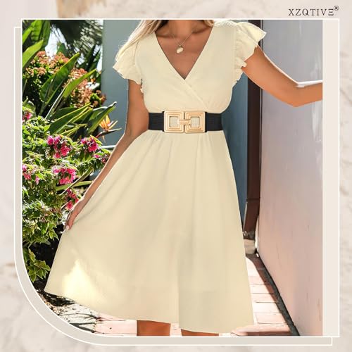 XZQTIVE Woven Elastic Belts for Women Wide Rattan Waist Belt for Summer Dress with Vintage/Round Buckle Raffia Belt3