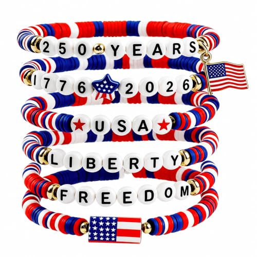 OHOME 4th of July Outfits for Women - 6 Pack 250th Anniversary Patriotic Bracelets | 250th Anniversary USA Shirt for Fourth of July Accessories Decorations | USA 1776-2026 Freedom Merchandise Jewelry