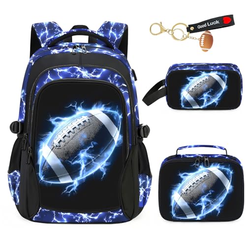 FRMARCH Mochila infantil para meninos – mochila para meninos para estudantes do ensino médio, Conjunto de mochila de futebol americano, 17' x 11.8' x 6'
