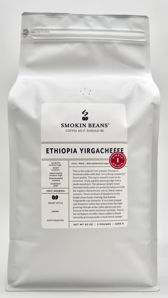 Smokin Beans 5-Pound Africa Ethiopia Yirgacheffe Coffee, Washed Processing, Medium Roast, Premium Whole Bean Specialty Coffee