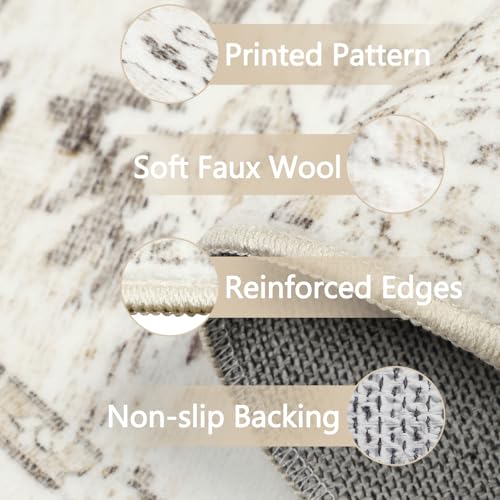 Homcomodar Vintage Round Rugs 120cm Beige Rug for Living Room Circle Area Rugs with Non Slip Backing Washable Rug for Bedroom Soft Printed Carpet for Living Room Kid’s Room Nursery - Image 2