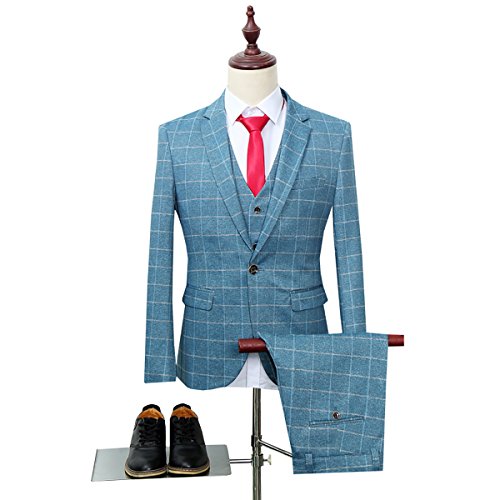 Men's Plaid Modern Fit 3-Piece Suit Blazer Jacket Tux Vest & Trousers, Blue, Medium. #TOP1