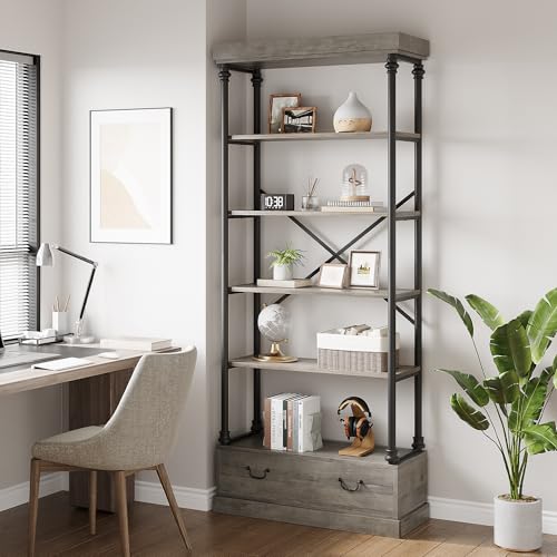 GarveeHome 81.3" Bookshelf with Storage Drawer, Tall Bookcase w/Metal Frame, 5 Tier Vintage Bookshelf Industry Display Storage Shelf for Office Living Room Library Bedroom