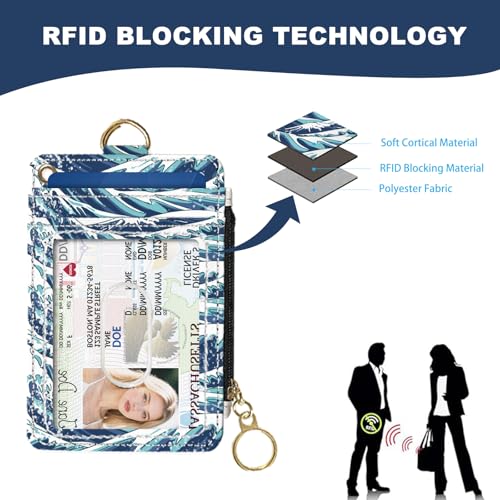 Image of Slim Wallet Credit Card Holder, Cat and Dinosaur, RFID Wallet Women Cute Small Front Pocket Wallet With Zipper, PU Leather Thin travel RFID Blocking Card Case ID Window ,Ladies Gifts