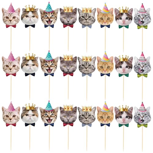 24PCS Cat Face Cupcake Toppers,Adorable Kitten Pet Theme Decorations for Birthday, Baby Shower,Cat Party Supplies,Cute Cat Cake Toppers with Toothpick Sticks