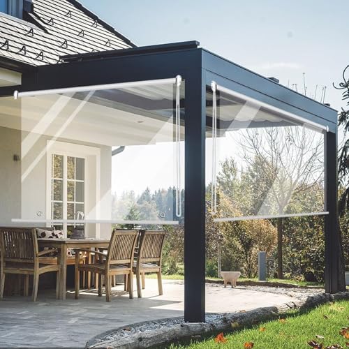 Heavy Duty Transparent Roller Blinds Clear Waterproof Roll Up Blinds Vinyl Plastic Roll Up Blind Easy to Pull Down & Up Windproof Rainproof Dustproof Customizable Size(W55X80IN)